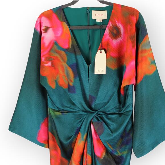 Sz 8 FIGUE Kyle Dress Floral Teal V-Neck Midi Dolman/Kimono TwistFront Satin NEW - Picture 8 of 16